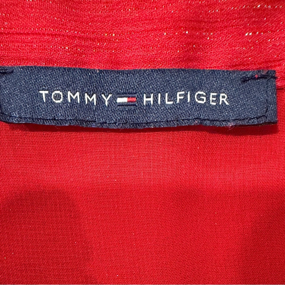 Tommy Hilfiger Women's Red Ruffle Tie Neck Blouse Metallic Shimmer Long Sleeve - Picture 2 of 7